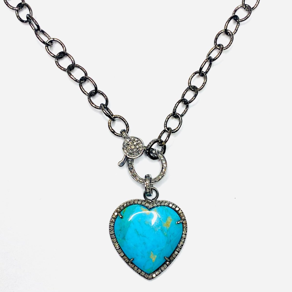 Small Turquoise Diamond Bezel Heart Pendant On Sterling Silver Chain With  Diamond Clasp